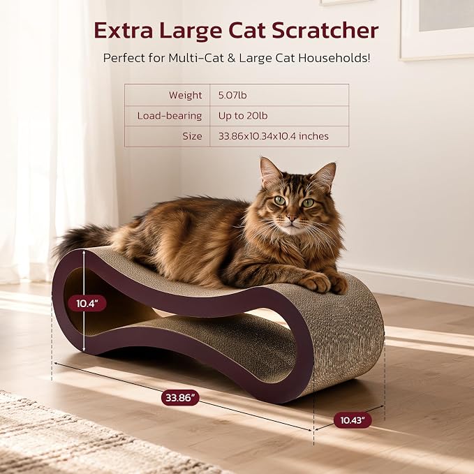 Extra Large Cat Scratcher Cardboard Bed, 34" Horizontal Cat Scratcher Cardboard Lounger, 100% Recyclable & Reversible Durable Board Pads Prevents Furniture Damage