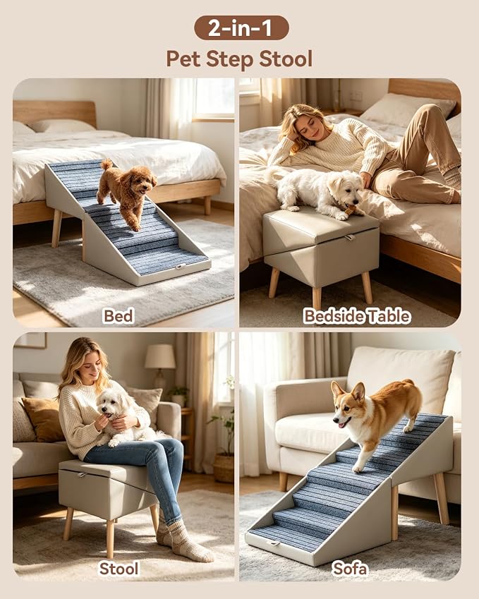 22" 6-Step Dog Ramp for High Bed, 2-in-1 Foldable Pet Steps & Ottoman | Non-Slip Joint Support, Wooden Dog Stairs for Couch,Space Saving for Small to Large Dogs, Puppies & Seniors