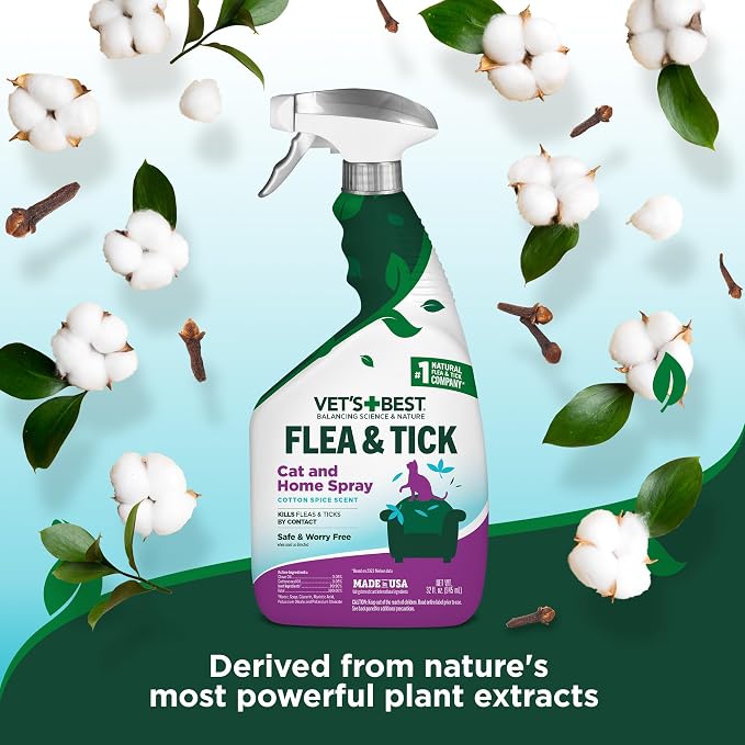 Vet’s Best Flea & Tick Home Spray for Cats – Plant-Based Flea and Tick Treatment with Cotton Spice Scent – Gentle Flea Mist for Indoor Use – Made in USA Natural Cat Flea Control – 32 oz