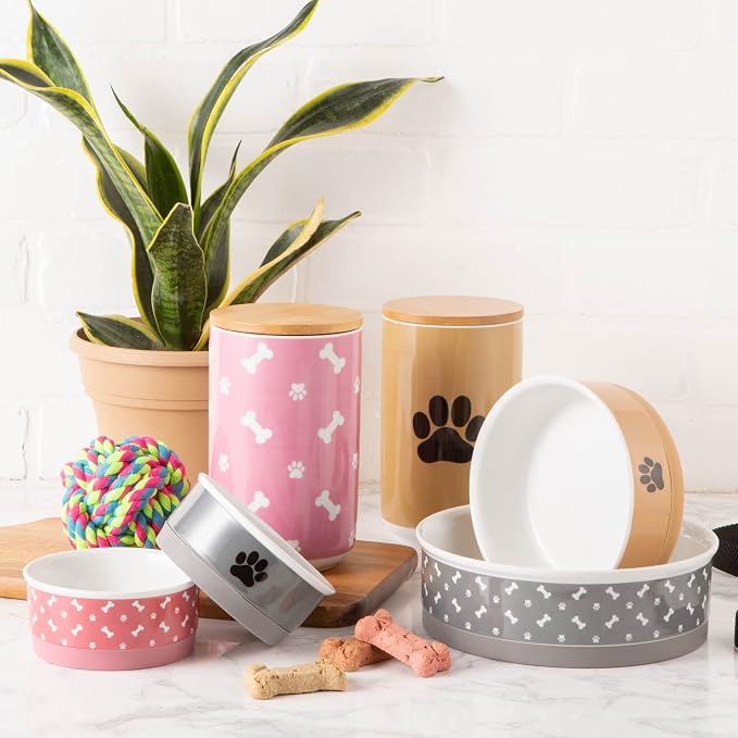 Bone Dry Ceramic Bone & Paw Pet Collection, Dishwasher Safe, Small Bowl, 4.25x2, Gray, 2 Count
