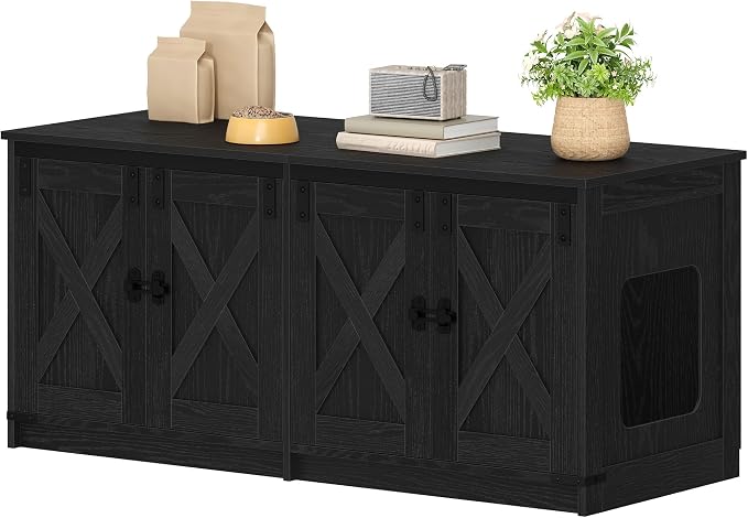 Hzuaneri Cat Litter Box Enclosure for 2 Cats, Hidden Litter Box Furniture Cabinet with Double Room, Indoor Cat House, Farmhouse Style, 46.7 x 18.9 x 21.1 Inches, Black CB85304X