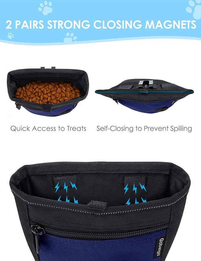 Gobeigo Dog Treat Pouch and Training Clicker, Upgrade Two Magnetic Closure to Prevent Spills, 2 Cup Treat Bag with Poop Bag Dispenser, Metal Clip Waist Belt Fanny Pack for Pet Walk (Black/Blue)