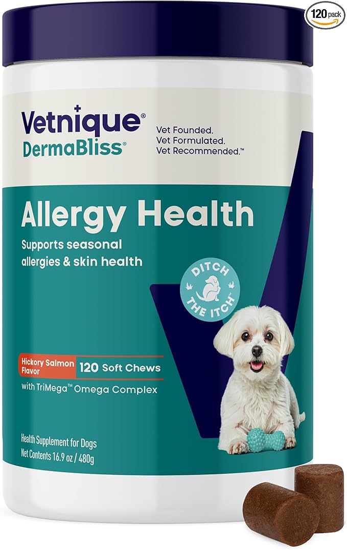 Vetnique Dermabliss Vet-Formulated Dog Allergy Chews for Seasonal Itch Relief, Skin, Coat & Gut Health, Omega 3 + Probiotic Anti-Itch Soft Chew Supplement for Dogs (120ct, Regular Strength Chews)