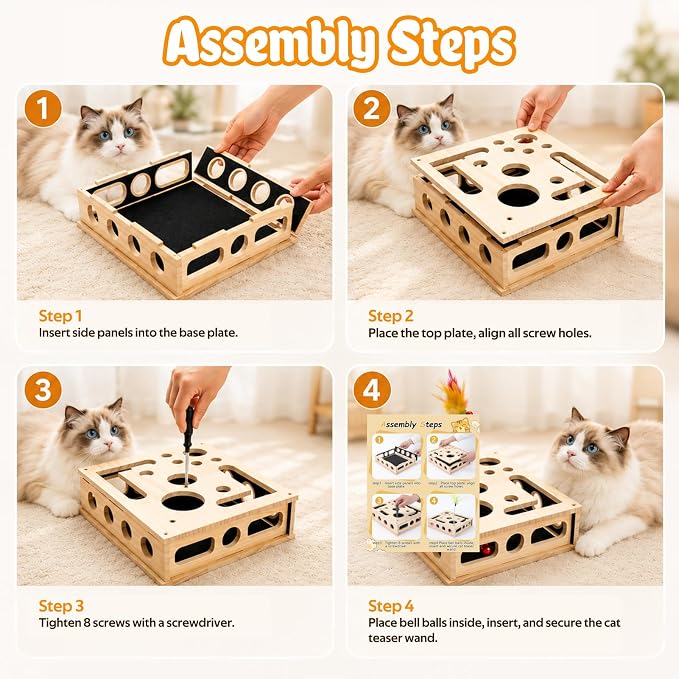 Cat Toys for Indoor Cats - Interactive Box Puzzle Toy Nail File Scratcher Cat Play Toy with 6 Jingle Balls & 2 Feather Wands, Wooden Puzzle Treat Toy Box Energize Cat Instincts for Bored Cats
