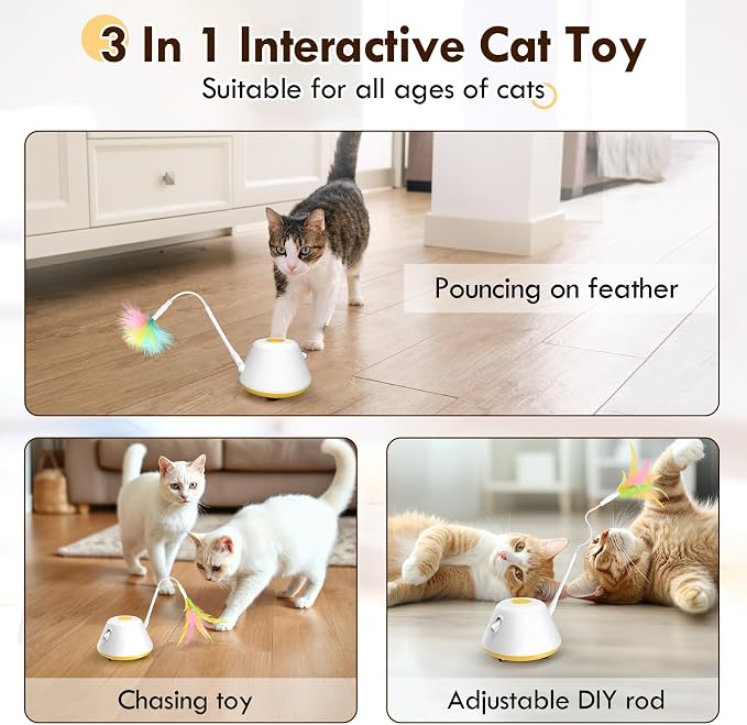 3 in 1 Interactive Cat Toys for Indoor Automatic Cat Laser Toy with Removable Feather Toy,3 Self Moving Modes, Smart Standby, USB Powered,Rubber Wheels Automatic Kitten