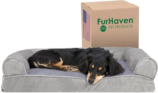 Furhaven Pillow Dog Bed for Medium/Small Dogs w/ Removable Bolsters & Washable Cover - Faux Fur & Velvet Sofa - Smoke Gray, Medium