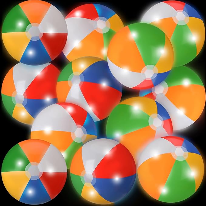 MiniInflat 12 Pcs Light up Beach Balls 16'' Jumbo Pool LED Balls Glow in the Dark Neon Giant Inflatable for Summer Hawaiian Tropical Theme Beach Party Decor Water Accessory (Rainbow)