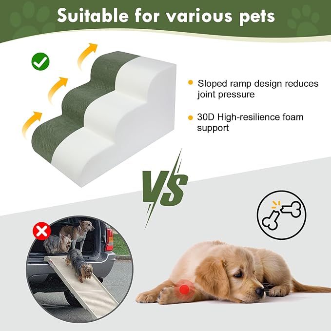 Large Dogs Stairs for Bed, Extra Wide Pet Step for Couch or Chair, 100lbs Load Capacity, 3-Step Stable & Sturdy Cat & Dog Ramp for Puppy Small Medium Senior Dog Essentials, Washable Cover,Green
