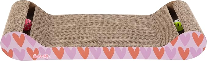 Rini 23.75" Modern Cardboard Cat Scratcher Lounge Bed with Built-in Bell Toys and Catnip, Ergonomic Curved Sofa Design, Pink/Red CSR1003D