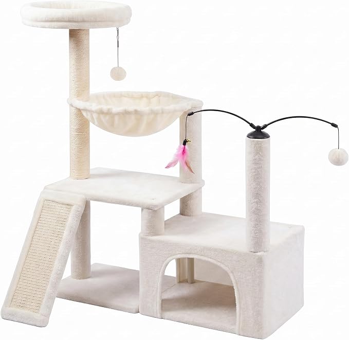 商品图片 YUNIQUE Multi-Functional Cat Tree Tower, Big Cat Condo with Scratching Board, Rotating Toy & Deep Hammock, Luxury Perch Kitty Furniture for Indoor Cats (White)
