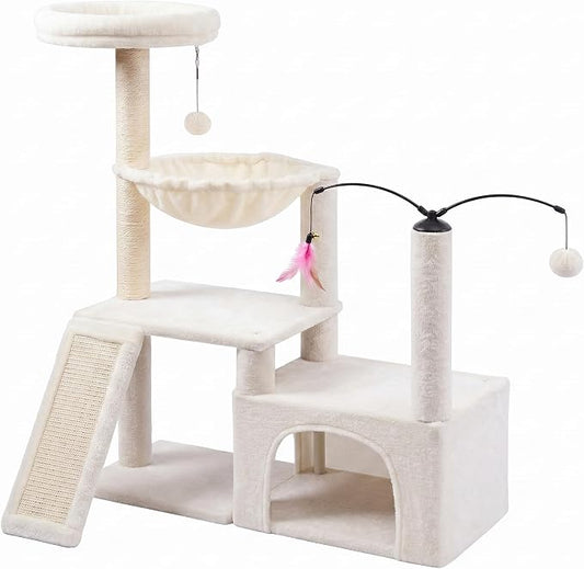 商品图片 YUNIQUE Multi-Functional Cat Tree Tower, Big Cat Condo with Scratching Board, Rotating Toy & Deep Hammock, Luxury Perch Kitty Furniture for Indoor Cats (White)