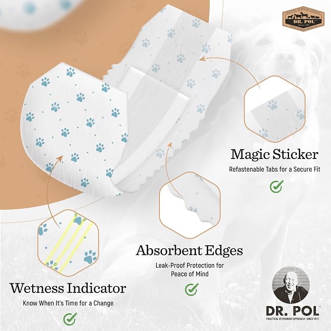 Dr Pol Dog Diapers for Male Dogs | Disposable Pet Diapers with Wetness Indicators | Adjustable Fit | Leak Protection & Super Absorbent | Perfect for Heat Cycles & Training Accidents | Pack of 50