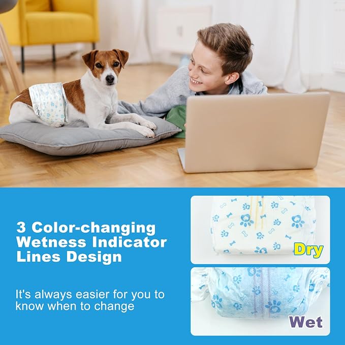 Disposable Dog Diapers Male 96 Count Belly Bands for Bale Dogs (Waist 21.5-26 in L) Super Absorbent Small Doggie Diapers for Heat Excitable Urination or Incontinence - Blue