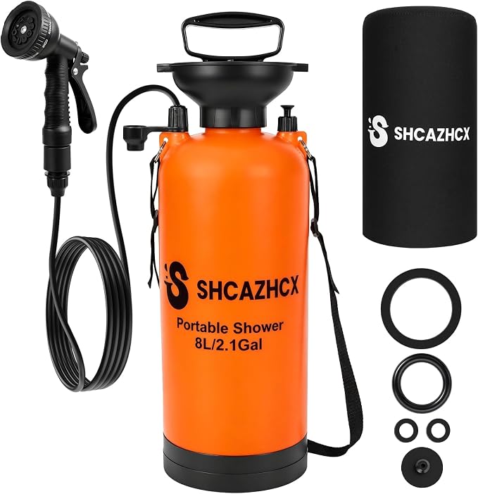 Portable Shower, 2.1 Gallon (8L) Portable Water Sprayer for Camping, Beach, Surfing, Hiking & Travel | Camping Shower with 10 Spray Modes, Nylon Insulated Cover, Orange