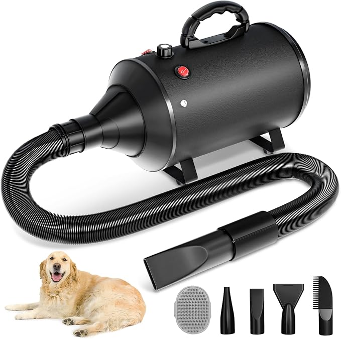 Dog Hair Dryer, 5.2HP/3800W High Velocity Dog Blower Grooming Dryer, Speed & Temperature Adjustable Pet Hair Dog Blow Dryer with Thickened Heat Resistant Handle, 4 Nozzles + 1 Massage Brush, Black