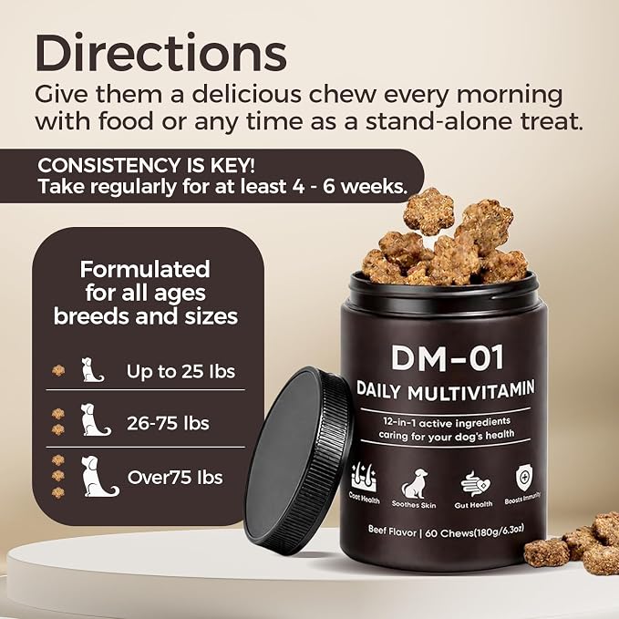 DM-01 Daily Multivitamin for Dogs, Multivitamin Itch Relief Chews Contain Glucosamine Probiotics Salmon Oil for Skin Coat, Gut & Immune Supports, 60 Chews (1)