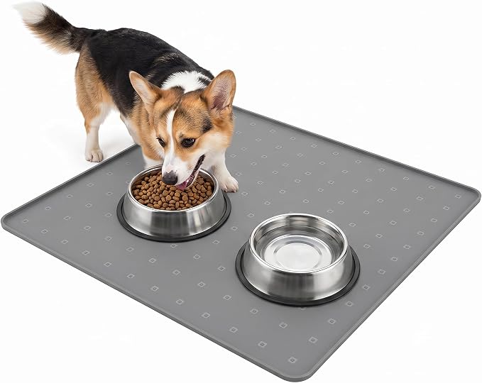 Silicone Pet Feeding Mat, 26x26 Inch Waterproof Dog Bowl Mat – Non-Slip, Machine Washable, Thin 0.28 Inch Edge for Messy Eaters, Protects Hardwood & Tile Floors, Dark Grey