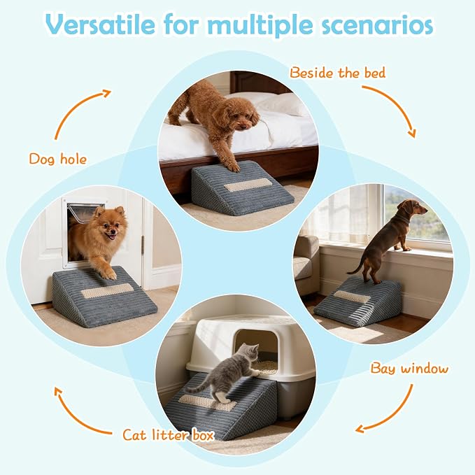 Foam Dog Ramp for Stairs, Low-Impact Climbing Dog Stairs for Senior Dogs | 5.1"H, 3 Pack, 40D High-Density Foam Won't Collapse, Protects Joints, Anti-Slip & Self-Sticky Pads, Washable Cover, Grey