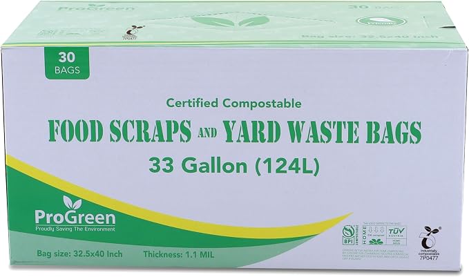 Compostable Bags 33 Gallon, Extra Extra Thick 1.1 Mil, 30 Count, Extra Large Lawn And Leaf Trash Bags ASTM D6400 BPI, VINCOTTE and TÜV AUSTRIA Certified (30)
