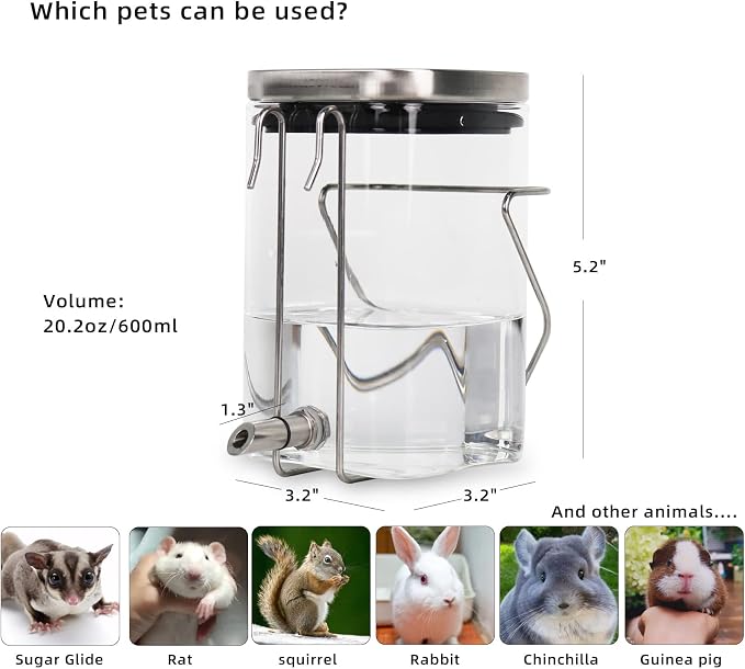 Hamster Water Bottle, Small Animal Glass Waterer, Stainless Steel Nozzle No-Drip Drinker Waterer for Sugar Glider, Rat and Birds (10.1oz)
