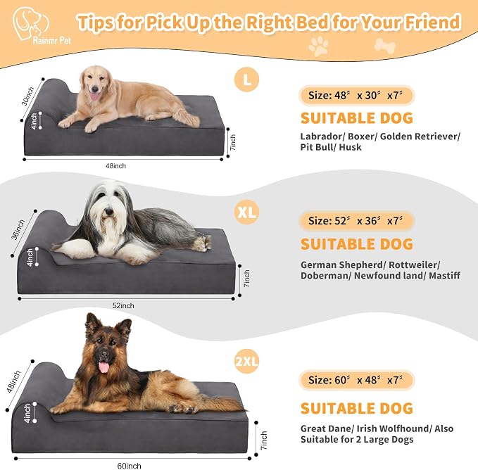 Rainmr Orthopedic Dog Beds for Large Dogs, 7" Memory Foam Dog Beds with Waterproof Liner, Durable Microsuede Cover, Removable and Washable, Nonskid Bottom, 48"x30"x7" L Grey