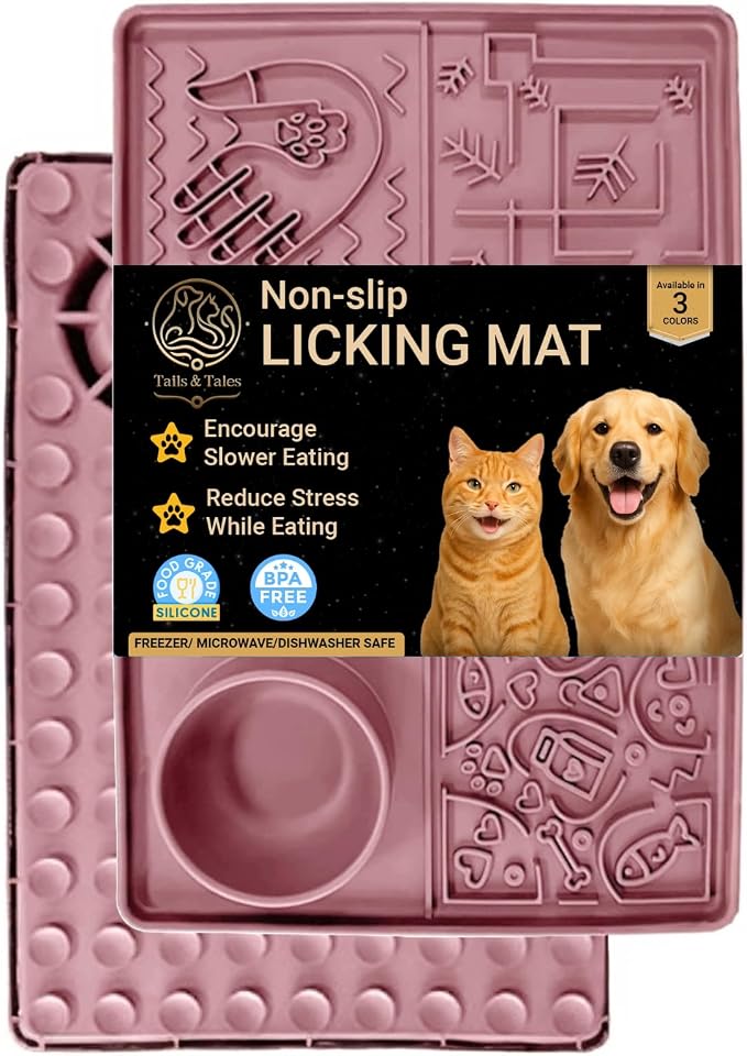 Tails & Tales Large Lick Mat for Dogs & Cats (11.2×16.7 in) with Strong Suction Cups, Slow Feeder Licking Pad for Anxiety Relief, Boredom & Bathing, Dog Enrichment Toy for Peanut Butter Yogurt (Pink)