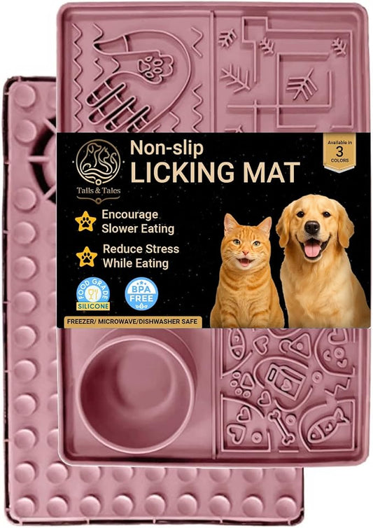Tails & Tales Large Lick Mat for Dogs & Cats (11.2×16.7 in) with Strong Suction Cups, Slow Feeder Licking Pad for Anxiety Relief, Boredom & Bathing, Dog Enrichment Toy for Peanut Butter Yogurt (Pink)