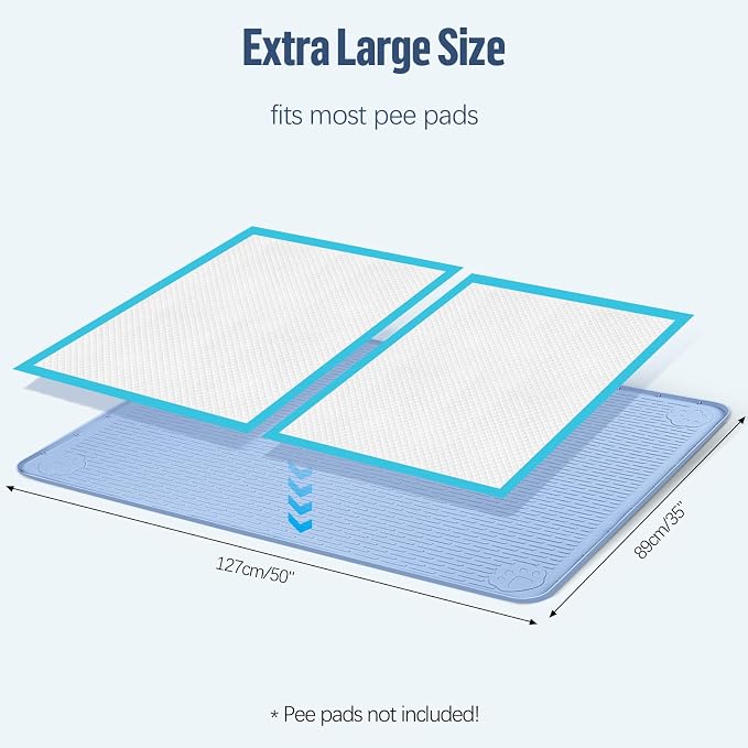 Pee Pad Holder for Dogs, 50" x 35" Silicone Pee Tray Mat Leak-Proof, High Edge, No Spill Pet Pad Holder for Puppy, Cat, Rabbit, Training Pads for Floor Protection, No Pee Pads (Blue)