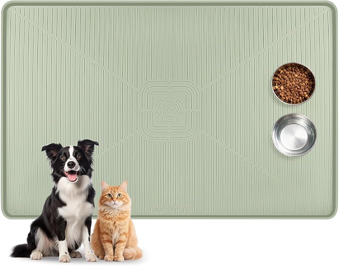 Lorvain Dog Food Mat, 45" x 30" Silicone Pet Feeding Mat with Raised Edges, Extra Large Pet Placemat for Dog Cat Food and Water Bowl Non-Slip, Easy to Clean, Waterproof & Floor Protection, Green