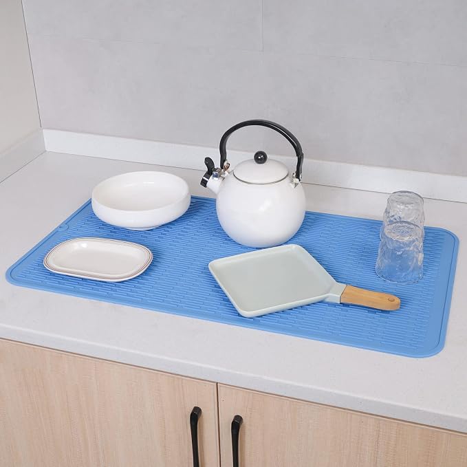 MicoYang Silicone Dish Drying Mat for Multiple Usage,Easy clean,Eco-friendly,Heat-resistant Silicone Mat for Kitchen Counter or Sink,Refrigerator or Drawer Liner Lichen BlueL 4XL 32 inches x 18 inches