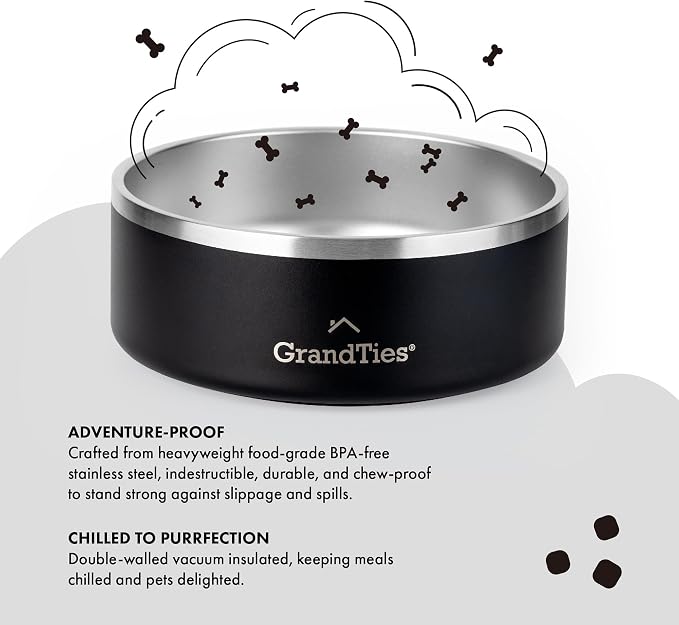 GrandTies Stainless Steel Dog Bowl | Engraved Reusable BPA-Free Insulated Cat & Dog Bowls | Large Heavy Duty Non Skid Spill Proof Bowl | Outdoor Dog Water Bowl (42oz, Midnight Black)