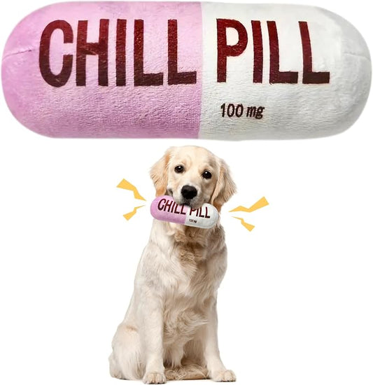 CUweipeng Funny Dog Squeaky Toy - Pink Chill Pill Capsule Shaped Teething Squeak Plush Pet Toy Bite Kick Indoor Interactive Training Play Supply for Small Dog Cat Present Pet Lover Gift Photo Props