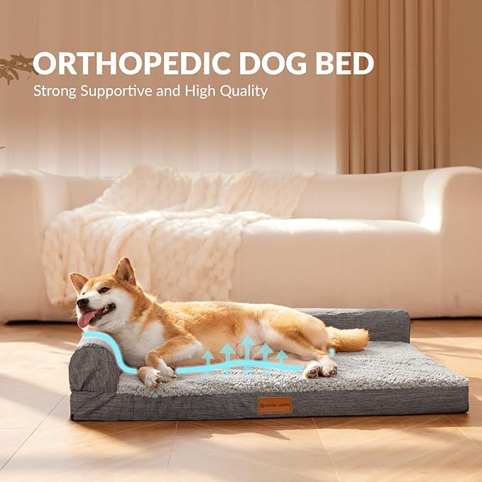 Patas Lague Orthopedic Dog Bed Large Sized Dog 36''X24'', Waterproof L Bolster Medium Pet Sofa Beds with Removable Washable Cover, Soft Pet Couch Crate Mat with Nonskid Bottom, Grey