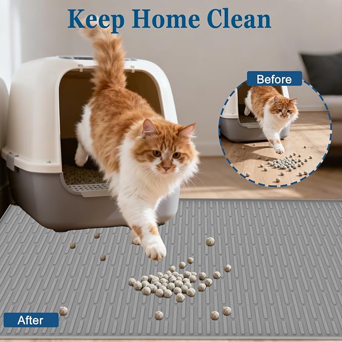 XXL Extra Large Silicone Cat Litter Trapping Mat for Scatter Control, 40"x30"(100cmx75cm) Waterproof Kitty Litter Box mat for Floor, Soft on Kitty Paws, Easy to Clean, Black