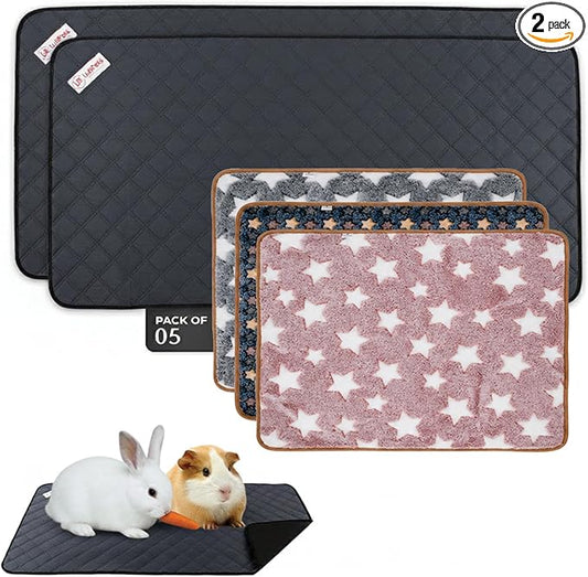 LUFTPETS Reusable Guinea Pig Cage Liners 5 Pcs - 2 Washable Midwest Pee Pads 47"x24" & 3 Soft Bunny Fleece Blankets 24"x16", Waterproof Rabbit Bedding with Odor Control, Absorbent Small Pet Mats