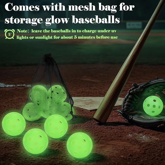 Coopay 3/6/12 Pack Practice Balls Glow in The Dark Baseballs Plastic Soft Baseballs with Drawstring Bag for Indoor Outdoor Night Training, Backyard Games Batting Hitting Softballs
