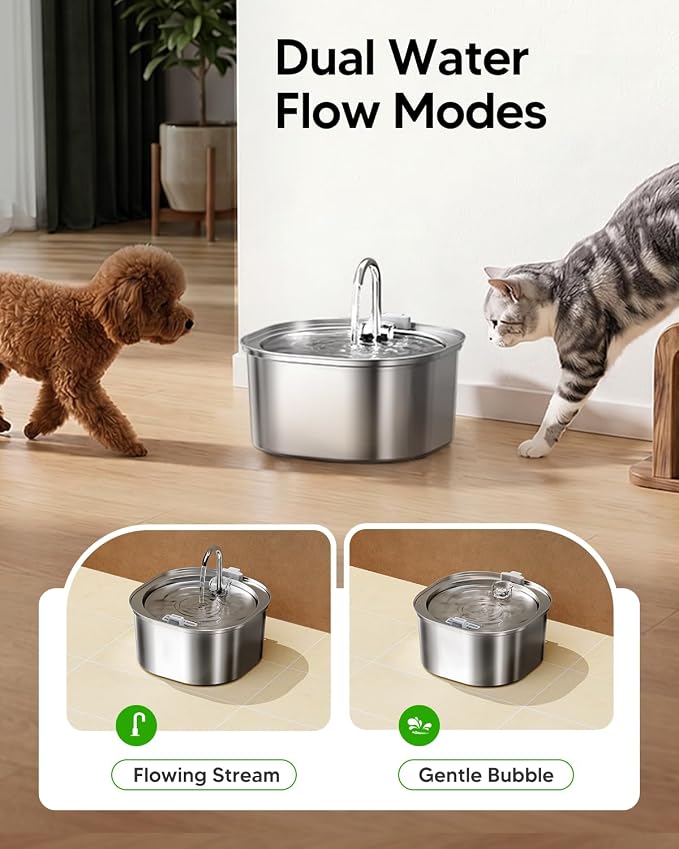 PEKTACO Cat Water Fountain, 3.2L/108oz Stainless Steel Pet Water Fountain for Cats Indoor, Dog Drinking Dispenser Metal Kitty Spout with 3 Filters+ 3 Sponges
