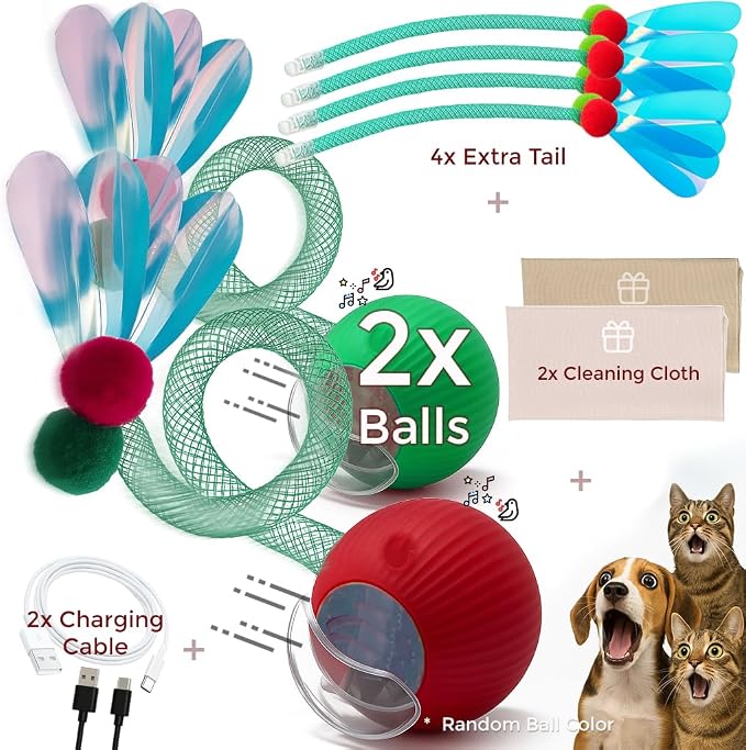 Cat Toys for Indoor Cats – 2X Automatic Kitten Interactive Toy with Speedy Ball Tail as Pet Mental Stimulation - Kittens Small Dogs and Bored Adult Dog Balls (2 Sets - Random Ball Color)