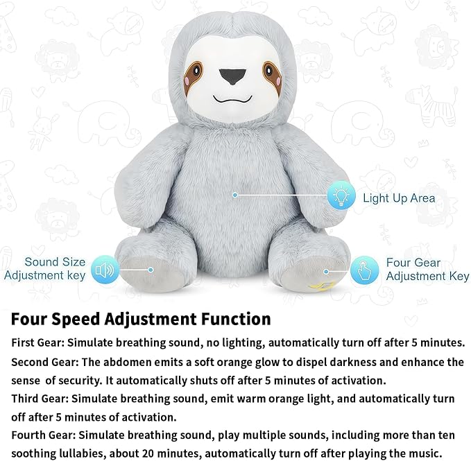 rytopt Breathing Stuffed Animal, Breathing Sloth, Simulated Breathing Sounds, 4 Gear Adjustment, Volume Control, with Music & Lights