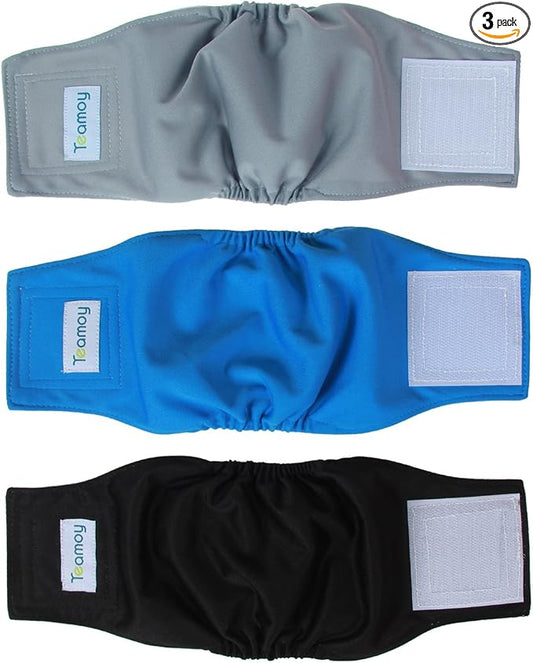Teamoy Reusable Wrap Diapers for Male Dogs, Washable Puppy Belly Band Pack of 3 (XS, 7"-9" Waist, Black+ Gray+ Lake Blue)