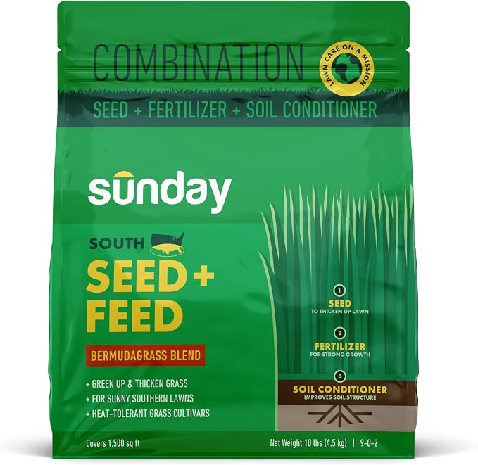 Sunday South Seed + Feed – Heat-Tolerant Grass Seed and Fertilizer for Southern Lawns - 9-0-2 NPK Mic - 10lbs