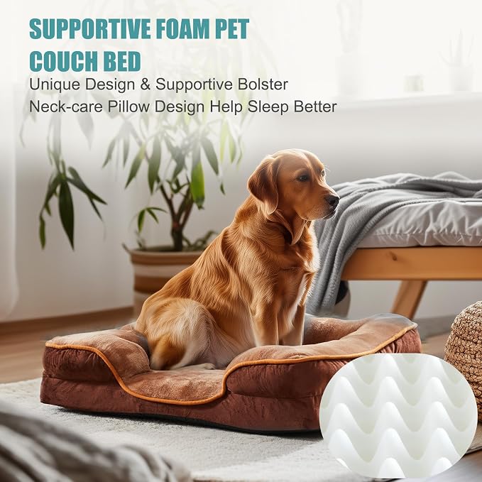 DUMOS Orthopedic Dog Beds for Large Sized Dogs, 42x32 in Machine Washable Cover Pet Bed, Anti-Slip Waterproof Memory Foam Couch Bed for Indoor Dogs and Cats, Brown