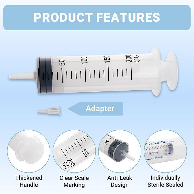 200ml Large Syringe, Plastic Syringe with Tip Adapter, for Scientific Labs, Measuring, Watering, Refilling, Filtration Multiple Uses, Individual Sealed, 5 Pack