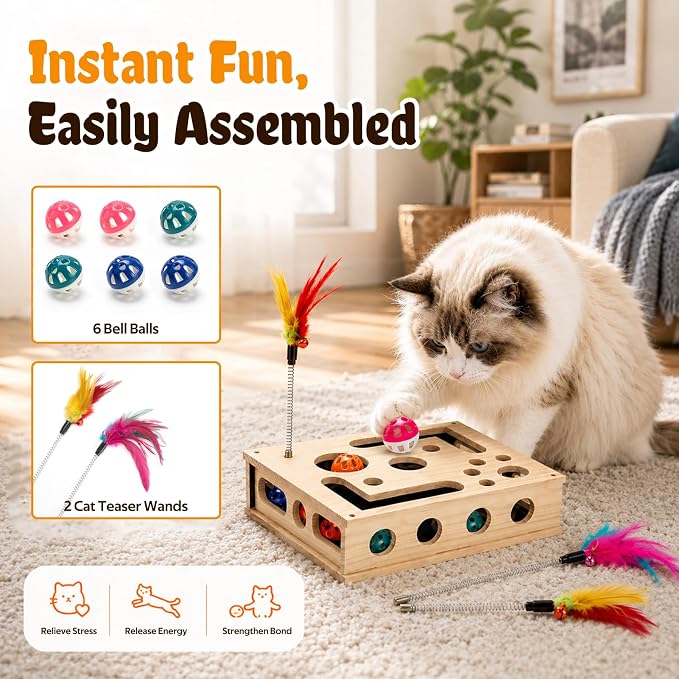 Cat Toys for Indoor Cats - Interactive Box Puzzle Toy Nail File Scratcher Cat Play Toy with 6 Jingle Balls & 2 Feather Wands, Wooden Puzzle Treat Toy Box Energize Cat Instincts for Bored Cats