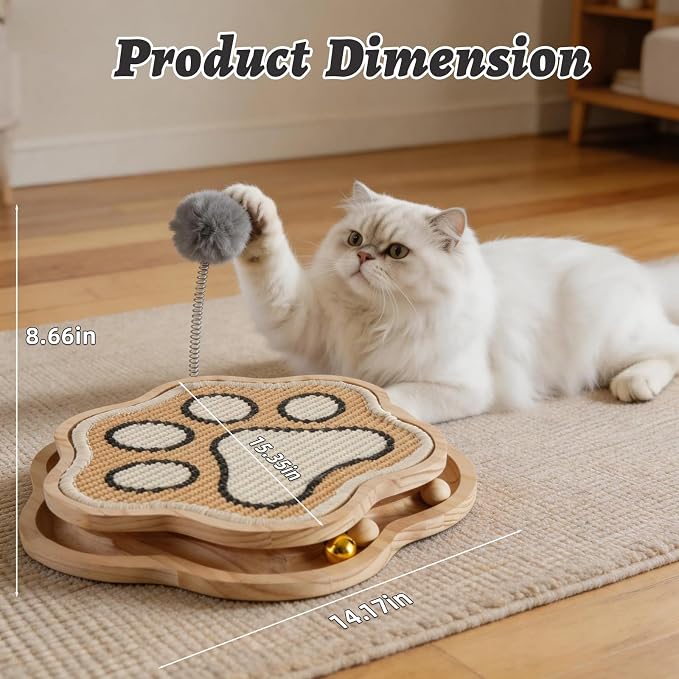 Cat Scratcher Natural Sisal 3 in1 Paw Shape Pad with Interactive Bell Ball Track and Spring Furball, Kitty Toy for Indoor Kittens & Adult Cats, Chasing Hunting Fun for Physical & Mental Exercise