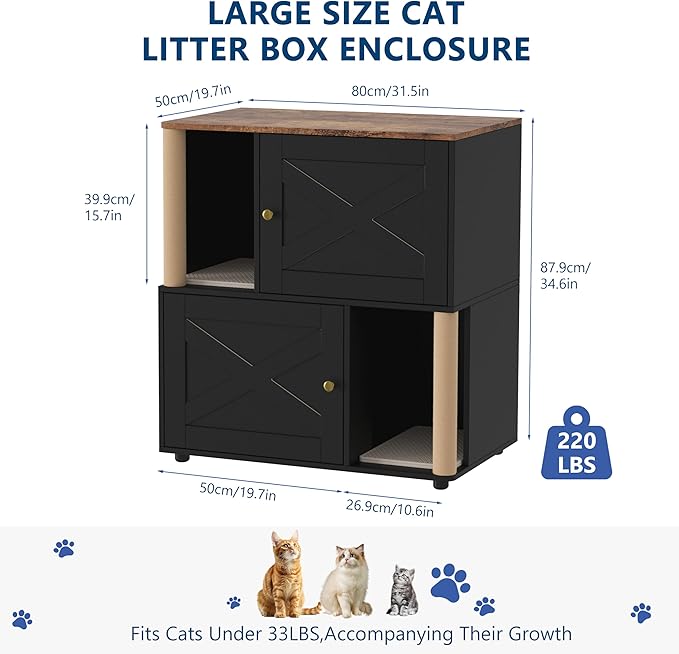 Cat Litter Box Enclosure, Two-Story Wooden Hidden Litter Box Furniture with Scratching Post, Multi-Level Cat Washroom Cabinet for 2 Cats, Reinforced Wood Frame & Ventilated Design for Small Apartment