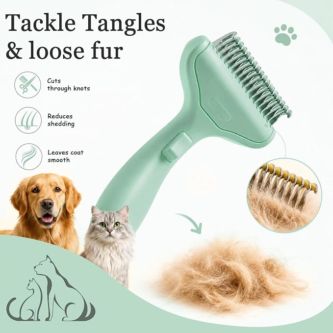 Dog Brush and Cat Deshedding Rake, Pet Grooming Tool for Shedding with Rounded Stainless Steel Teeth, Comfortable Grip for Long or Thick Coats (Style 2 Green)