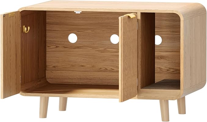Fluted Cat Litter Box Enclosure with Solid Wood Legs, Hidden Cat Litter Cabinet, Modern Cat House Furniture, Reduce Litter Tracking, 31.5 x 19.7 x 22 Inches, for Living Room, Bedroom, Oak