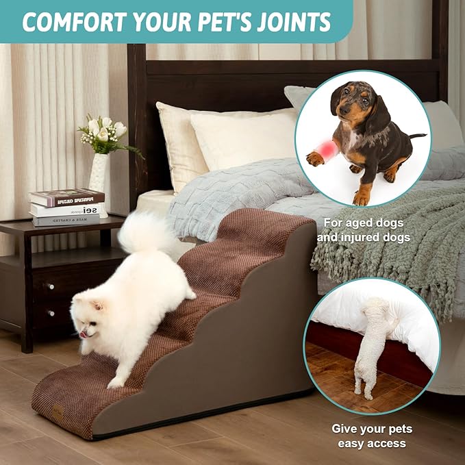COZY KISS Wide Dog Stairs for Small Dog 22.6" H, Curved Pet Step for Puppy, Older Cat, Curved Ramp for High Bed or Car, Ladder with High Density Foam, Durable, 5 Step, 17.7x33x22.6 inch, Brown