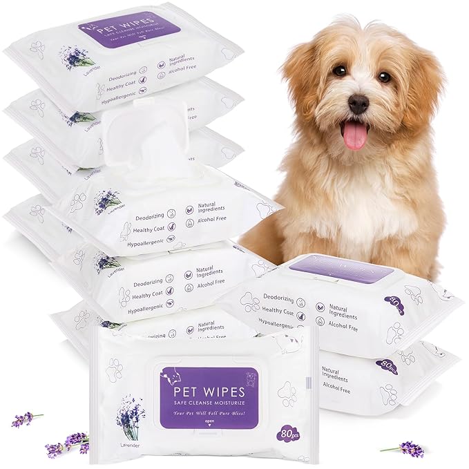 Treela 10 Packs of 800 Dog Wipes Pet Wipes Cat Grooming Supplies for Paws, Butt, Ear, Skin, Body Bath Cleaning Stain Odor Remover, Home or Travel Use(Lavender)